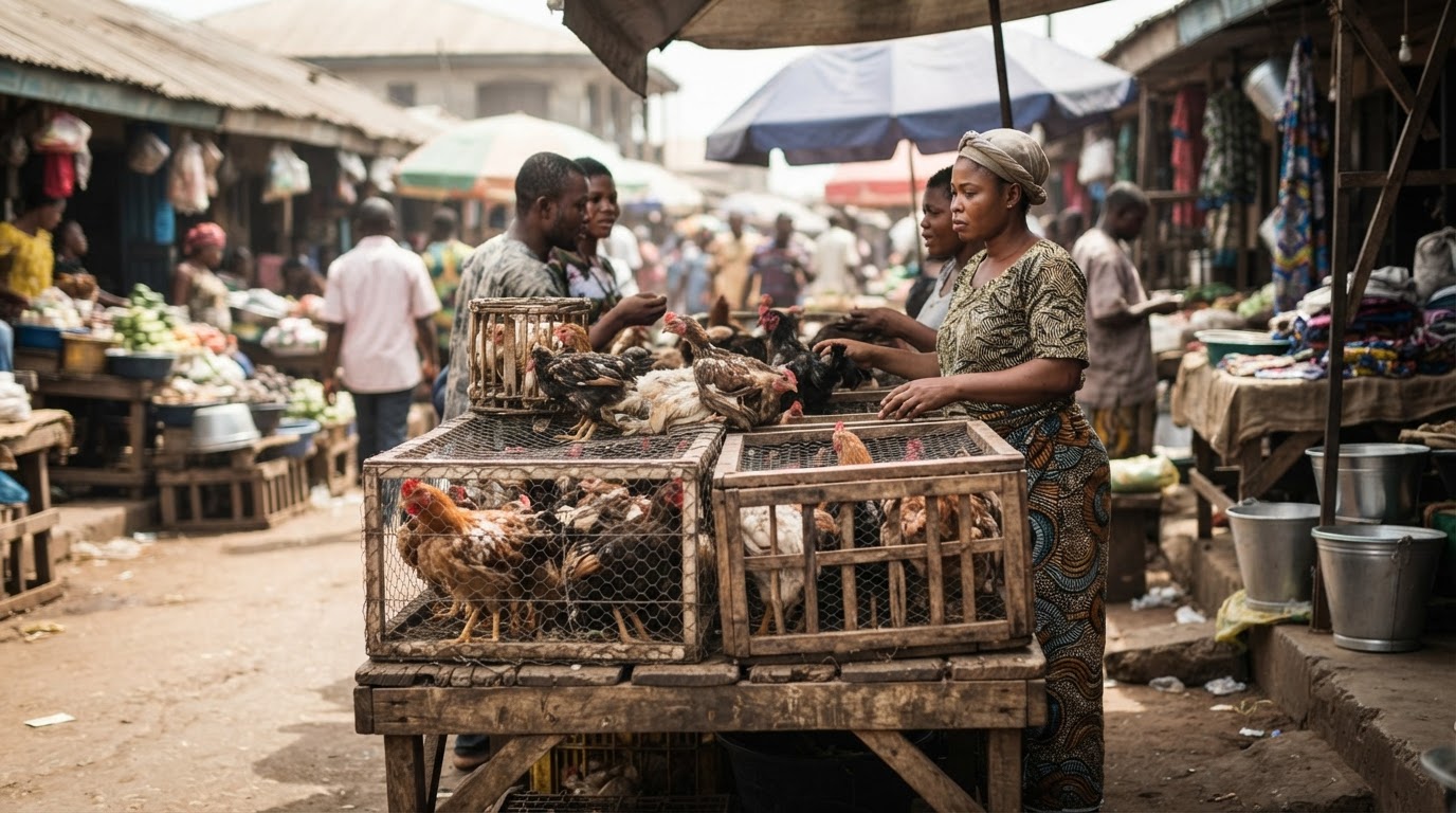 Awoṣe ti tabili ọja ti o ni awọn adie laaye fun tita ni ọja Nigeria.