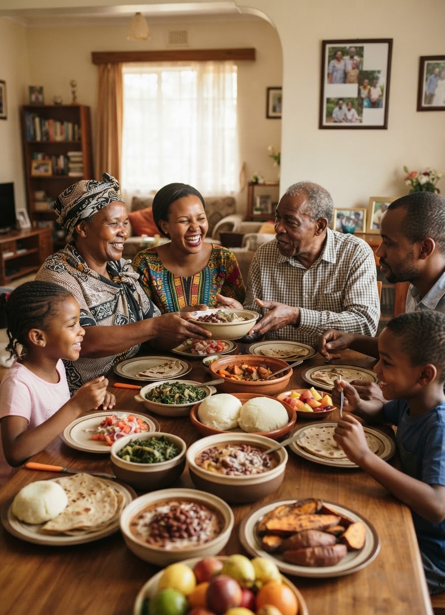 Familia ya Kiafrika Mashariki wakishirikiana chakula cha pamoja, kuonyesha umuhimu wa kula pamoja.