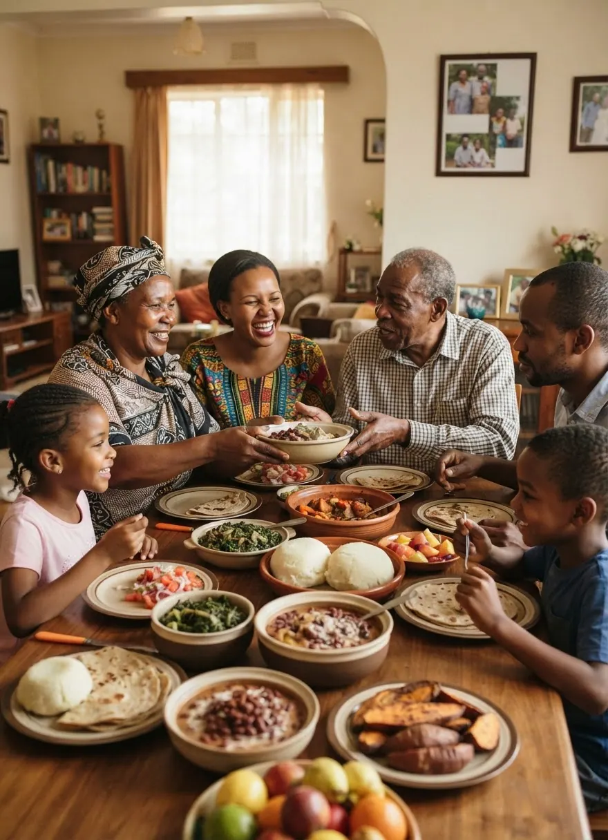Familia ya Kiafrika Mashariki wakishirikiana chakula cha pamoja, kuonyesha umuhimu wa kula pamoja.
