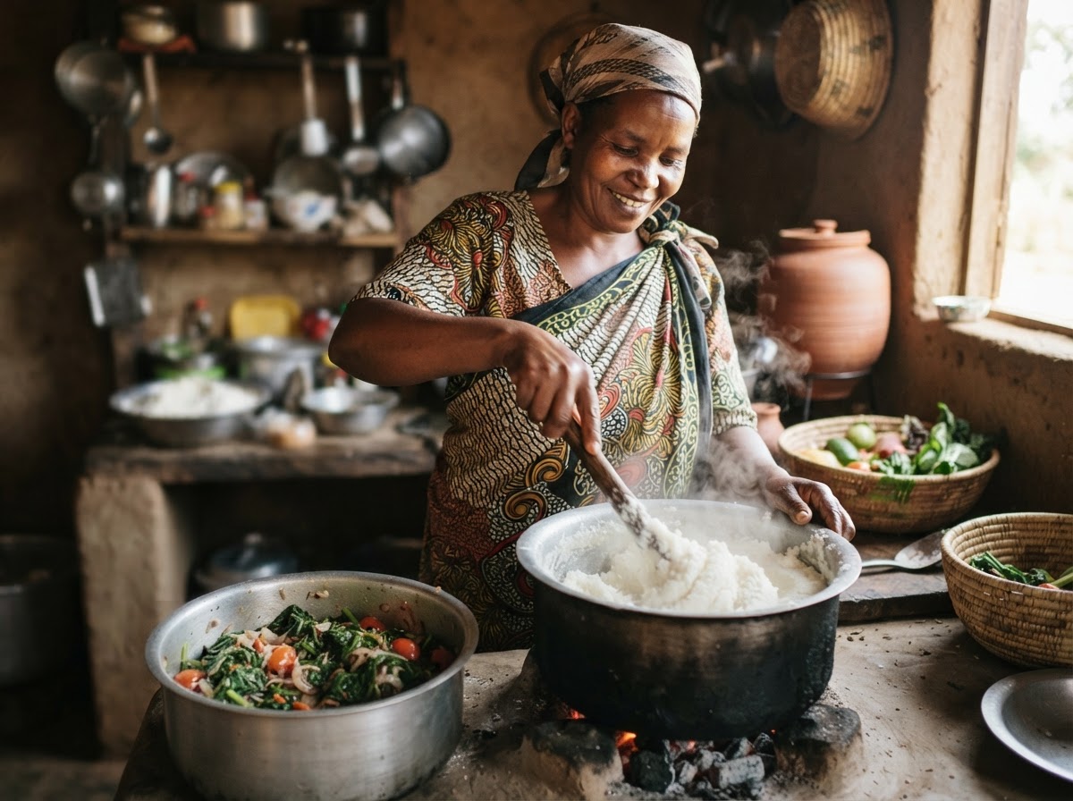 Mwanamke wa Kenya akipika ugali na mboga za kienyeji, akionyesha jinsi vyakula vya jadi vinavyoweza kutayarishwa kwa mtindo wa mimea.