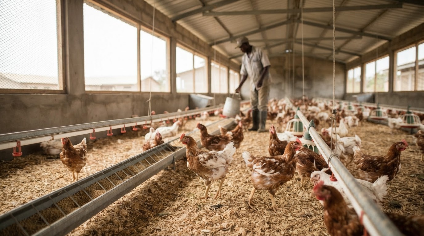 A kọ adie ni oko ti o ni iṣakoso ni Iwọ-oorun Afirika, eyiti o ṣe afihan awọn iṣe ti o ni iduroṣinṣin.