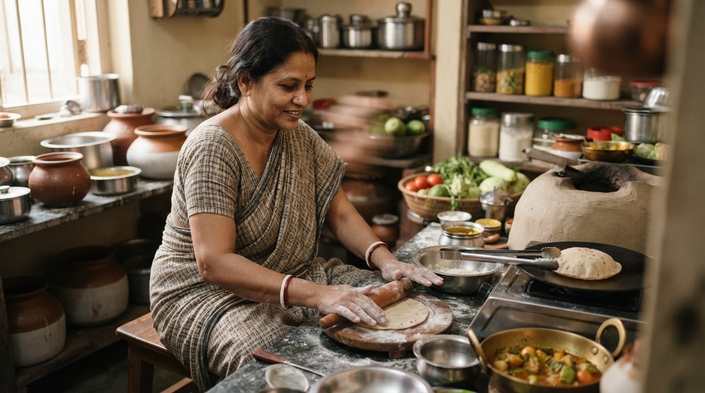 একজন ভারতীয় মহিলা নিরামিষ খাবার তৈরি করছেন