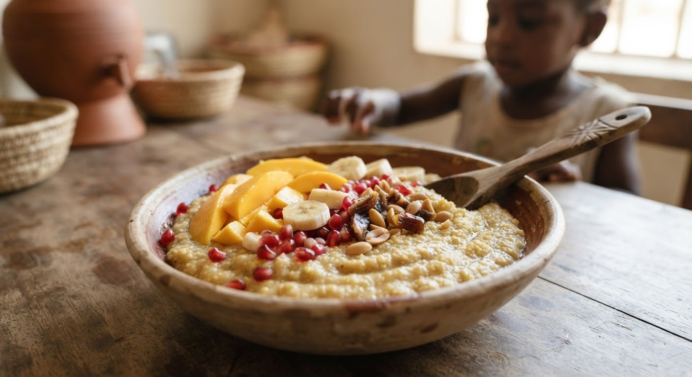 Kullu mai kauri na gero ko dawa da aka yi wa ado da 'ya'yan itatuwa, wanda yake samar da isasshen kuzari.