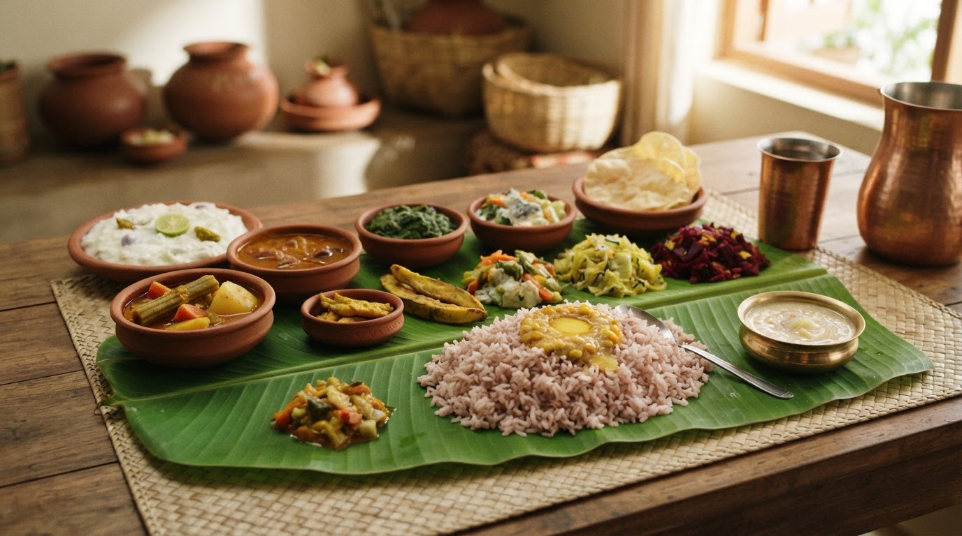 பாரம்பரிய தமிழ் சைவ உணவு வகைகள் நிறைந்த ஒரு விரிப்பு