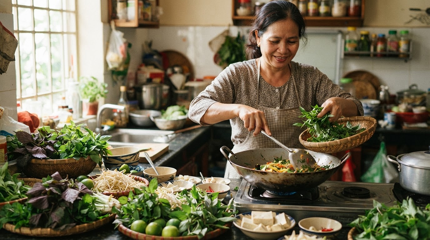 Một người phụ nữ Việt Nam đang nấu ăn với nhiều loại rau thơm tươi.