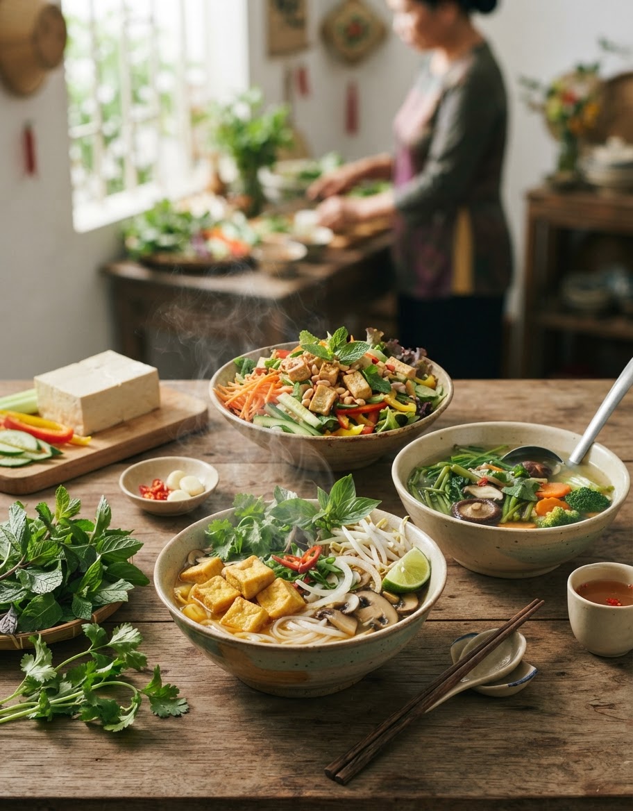 Các món chay Việt Nam thường sử dụng đậu phụ, rau củ và thảo mộc tươi.
