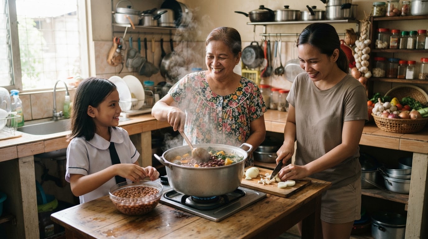 Isang pamilyang Pilipino na naghahanda ng pagkain sa kusina.