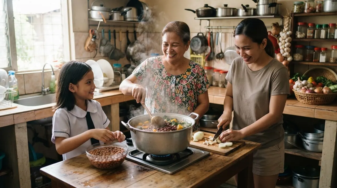 Isang pamilyang Pilipino na naghahanda ng pagkain sa kusina.
