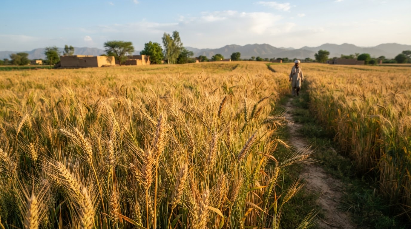 پاکستان میں پکنے والے گندم کے کھیت کا منظر