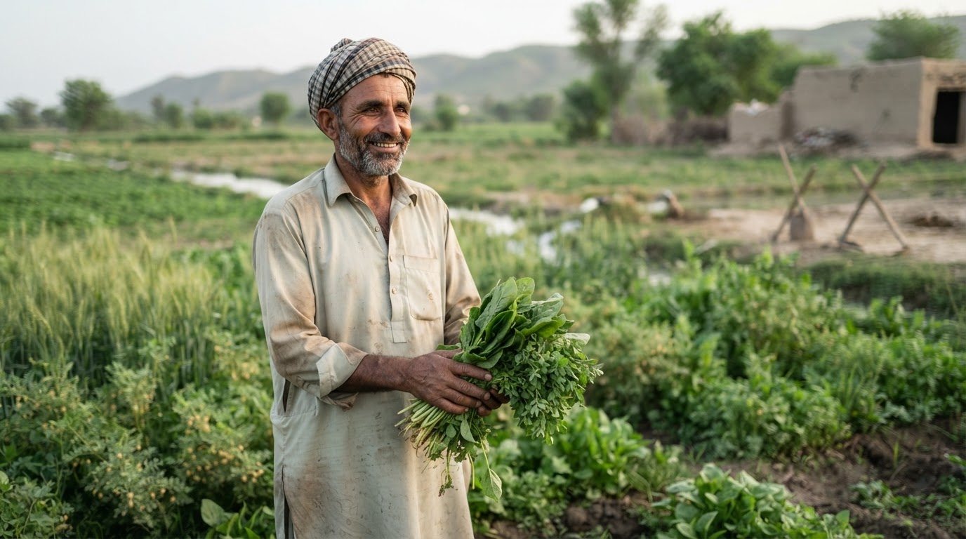 پاکستان میں ایک چھوٹا کسان اپنی فصلوں کے ساتھ، جو روایتی اور پائیدار زرعی طریقوں کی نمائندگی کرتا ہے۔