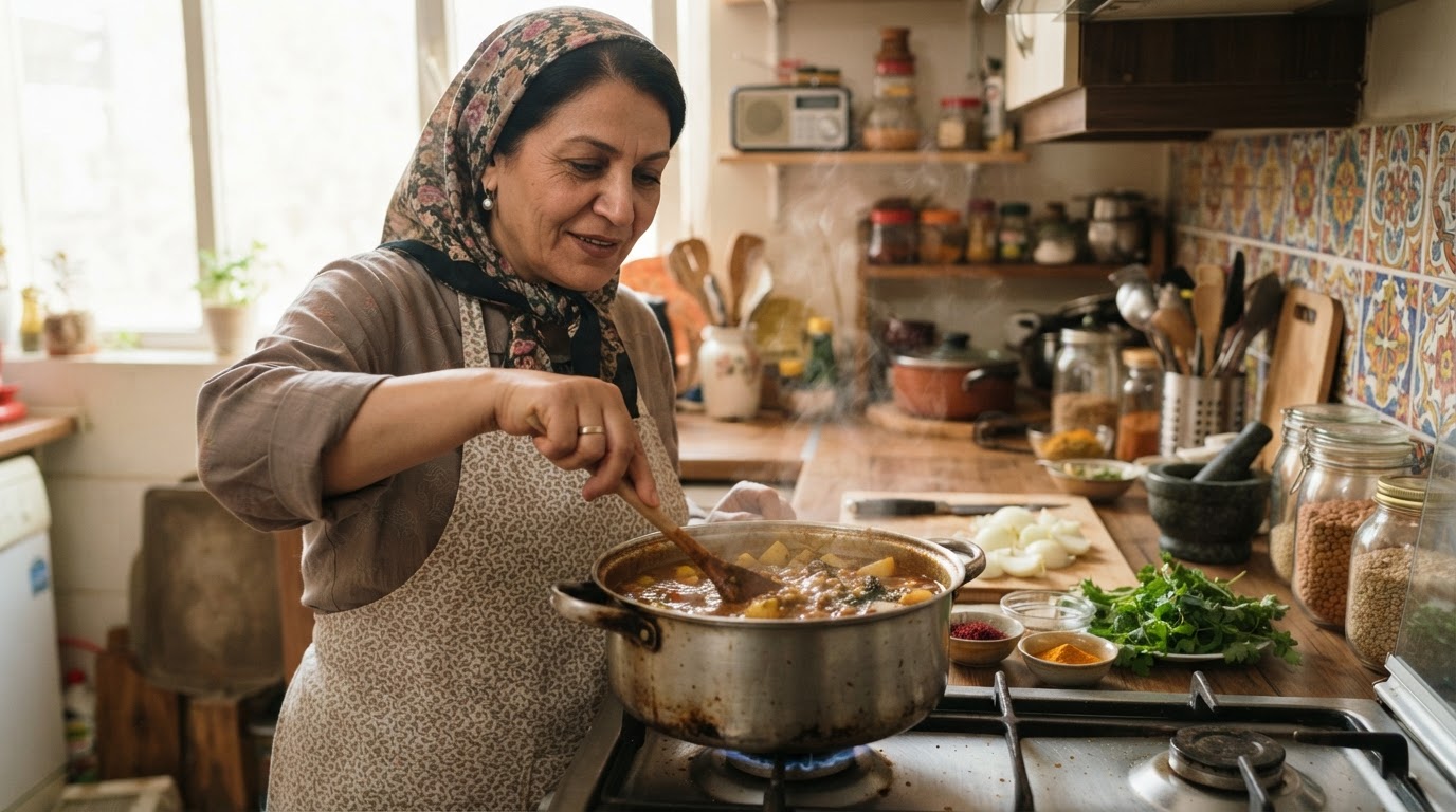 زنی ایرانی در حال پخت خورشت عدس در آشپزخانه