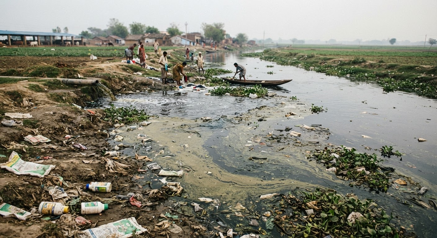 कृषि अपवाह से प्रदूषित हुई एक भारतीय नदी।