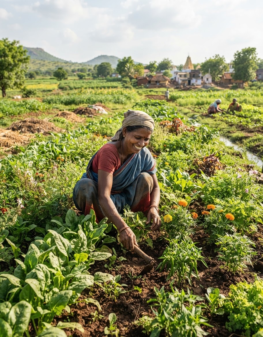 भारत में एक जैविक खेत, जहां प्राकृतिक तरीकों से खेती की जाती है।