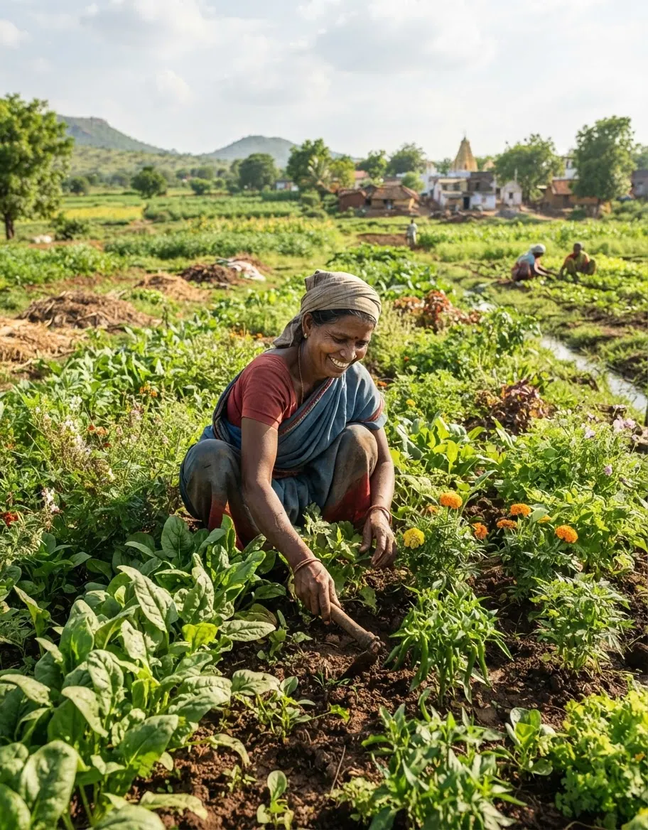 भारत में एक जैविक खेत, जहां प्राकृतिक तरीकों से खेती की जाती है।