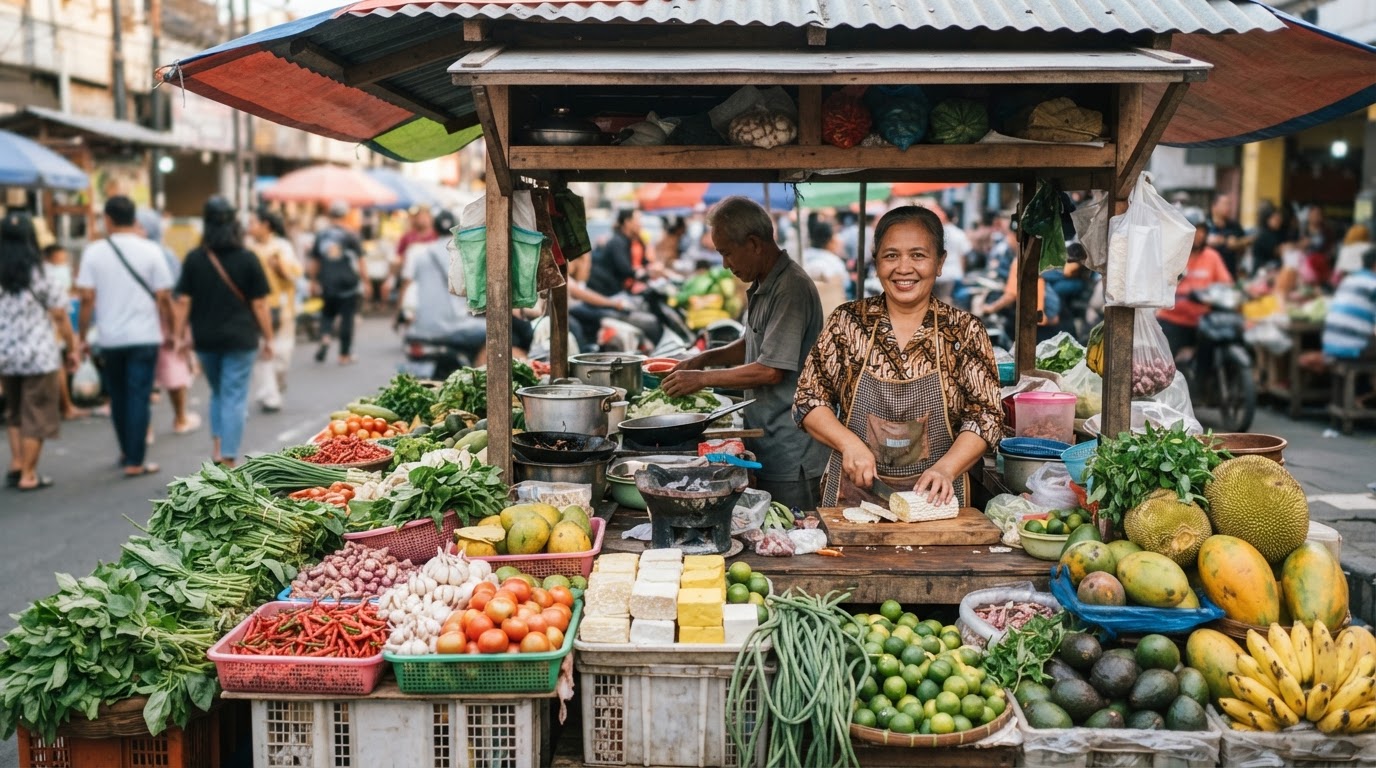 Stan makanan pasar jalanan Indonesia yang ramai dengan sayuran segar dan buah-buahan tropis yang berwarna-warni.
