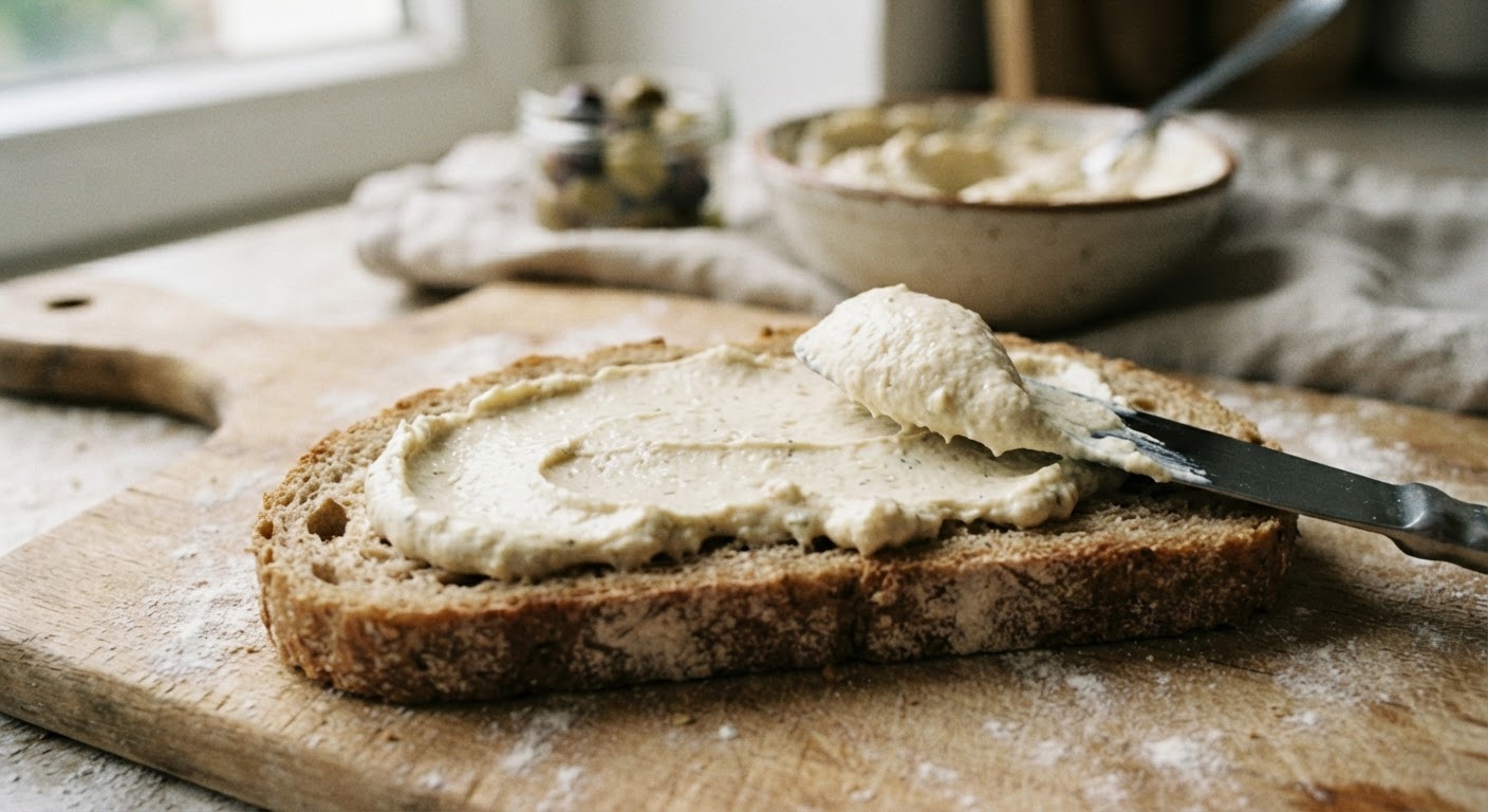 Fermante edilmiş kaju bazlı vegan peynir, ekmek üzerine sürülmeye hazır.