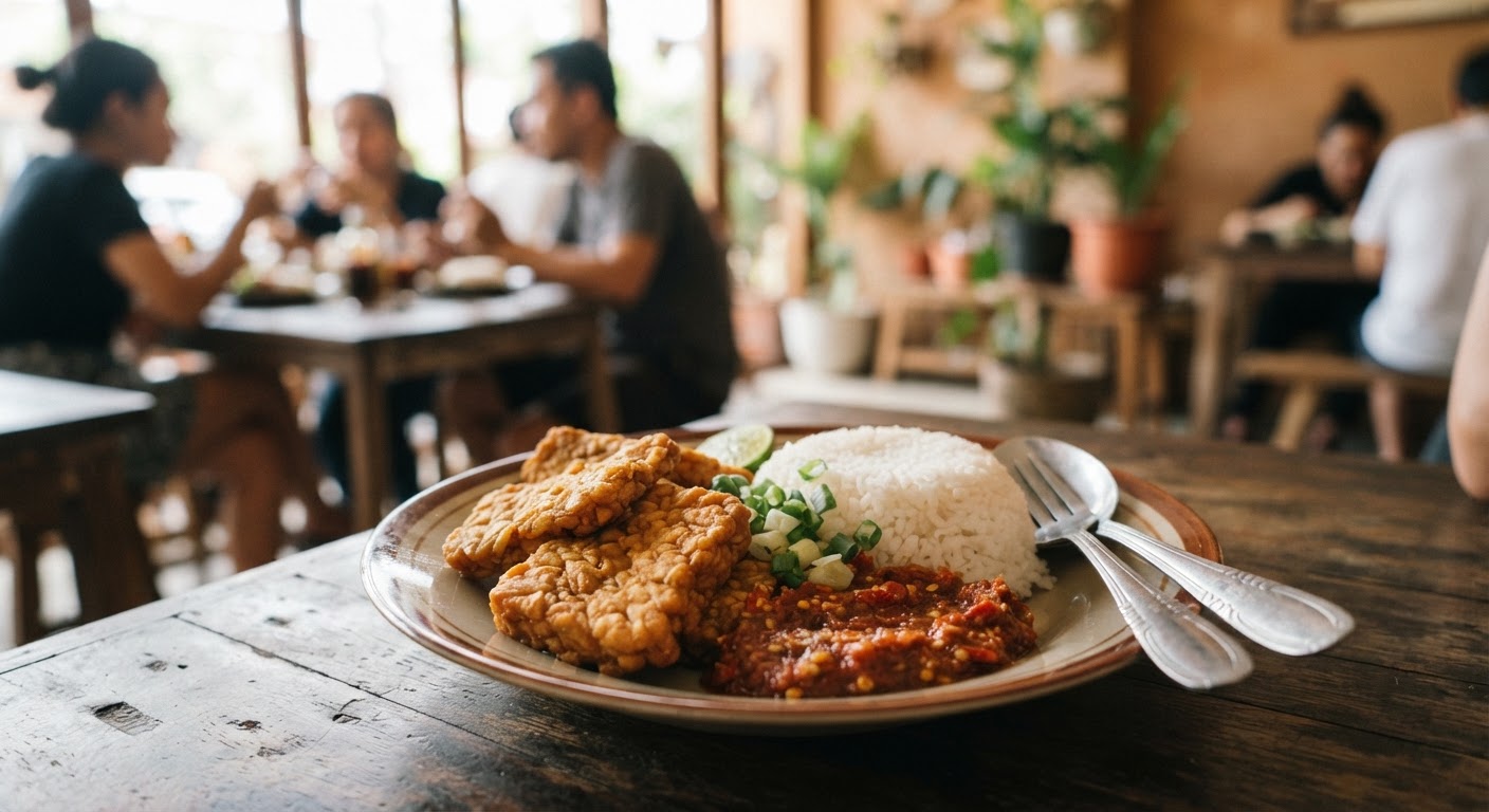 Tempe goreng yang renyah disajikan dengan nasi hangat dan sambal terasi, hidangan nabati favorit di Indonesia.