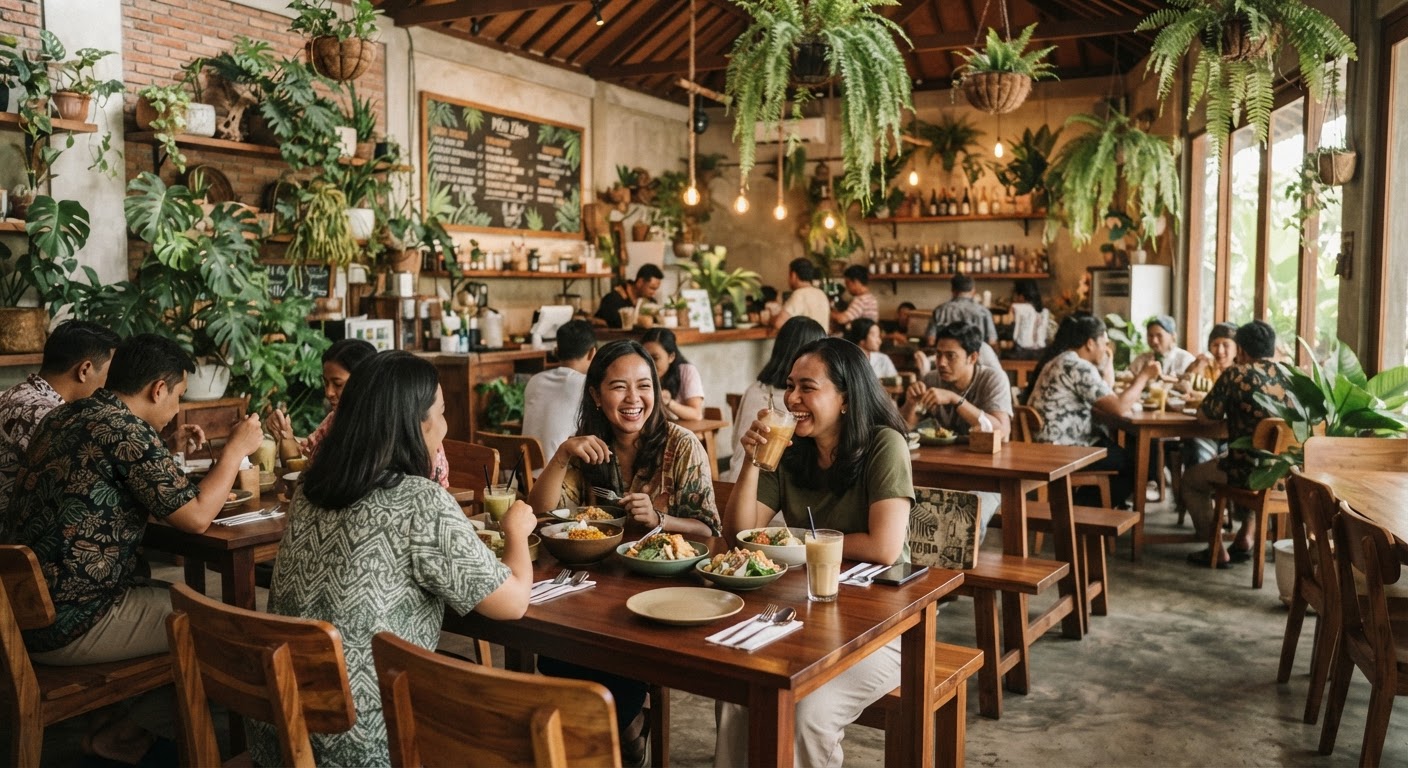 Interior restoran nabati yang nyaman dengan dekorasi tanaman hijau dan furnitur kayu, menciptakan suasana yang menenangkan.