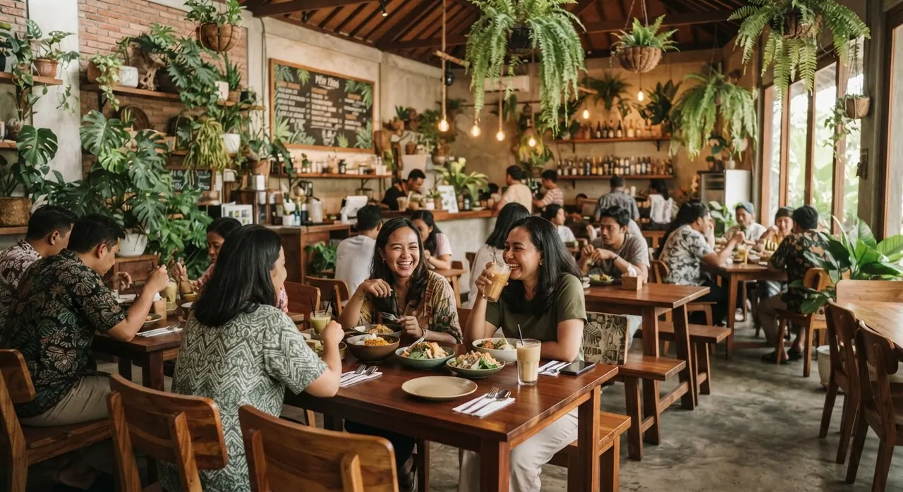 Interior restoran nabati yang nyaman dengan dekorasi tanaman hijau dan furnitur kayu, menciptakan suasana yang menenangkan.