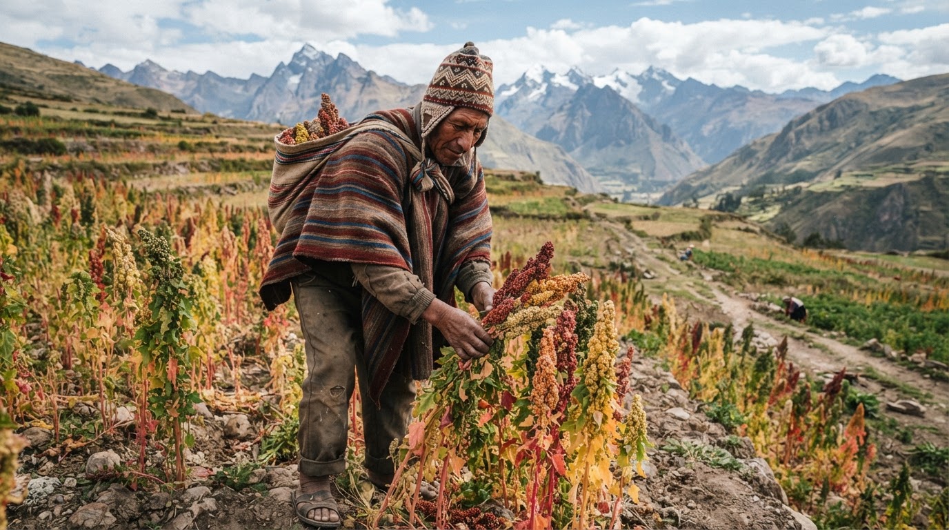 Andean farmer with quinoa field