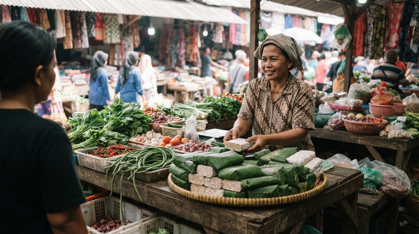 Stan pasar Indonesia yang menjual tempe dan sayuran segar