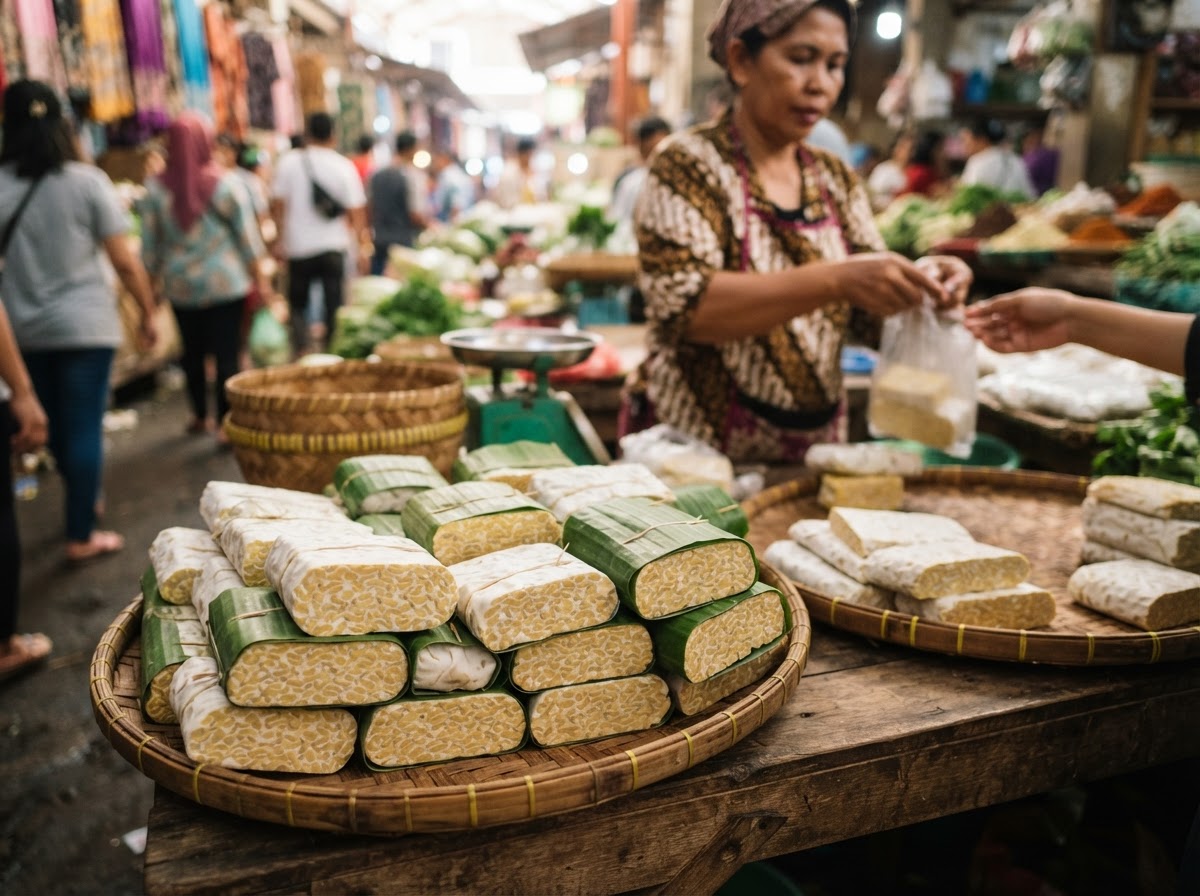 Blok tempe segar yang dijual di pasar tradisional Indonesia.