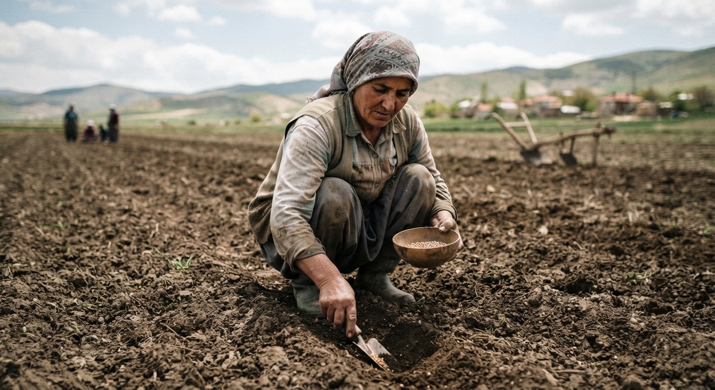 Anadolu'da bir kadın çiftçi, geleceğin tohumlarını ekerken. Bu emeğin görünür kılınması şart.