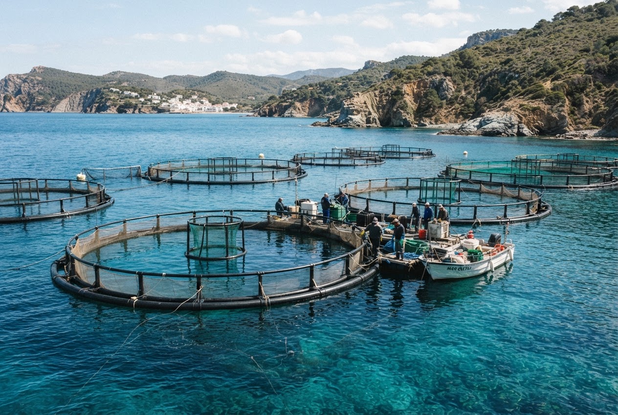 Las granjas de acuicultura en España, como esta en una bahía de aguas claras, deben cumplir estrictas normativas para minimizar su impacto ambiental.