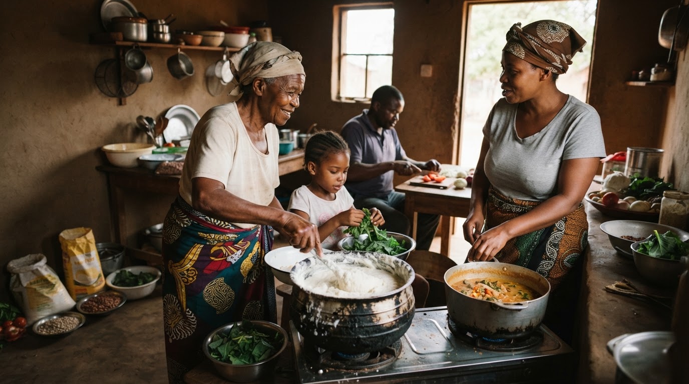 Família moçambicana tradicional a preparar uma refeição junta
