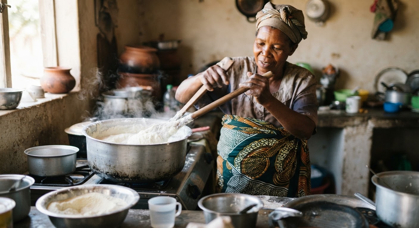 Uma mulher moçambicana prepara o tradicional xima, um alimento básico à base de milho.