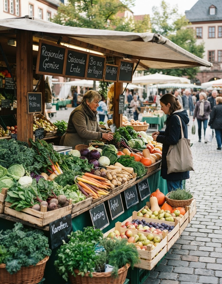 Regionale und saisonale Produkte auf einem Marktstand in Deutschland.