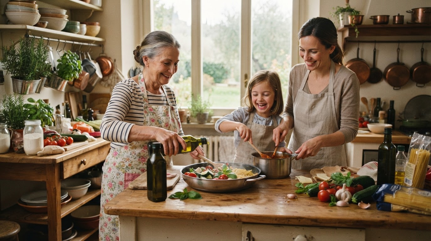 Famiglia italiana che cucina con olio d'oliva