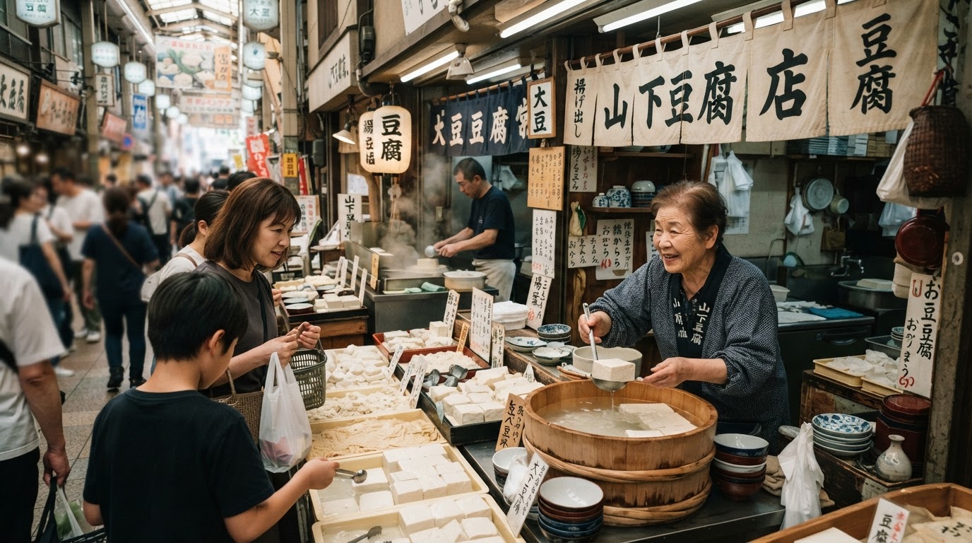 日本の豆腐屋台の賑やかな様子