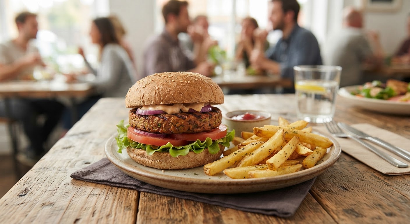 Roślinny burger stanowi pyszną i etyczną alternatywę dla tradycyjnych mięsnych dań.