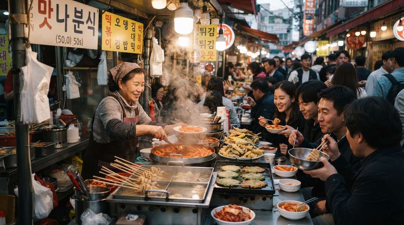 한국 전통 시장의 활기찬 먹거리 노점 풍경