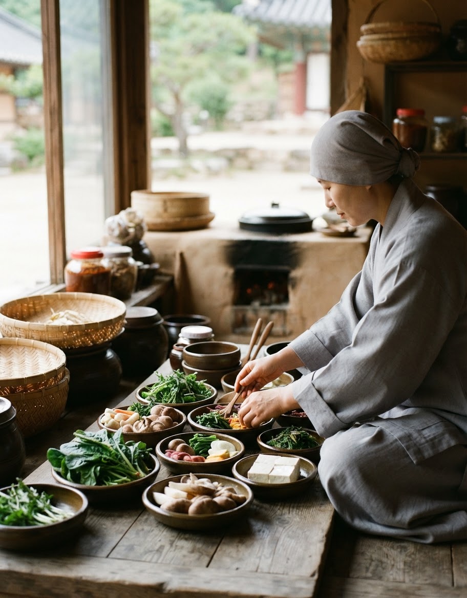 정갈하게 차려진 사찰 음식은 재료 본연의 맛을 살리는 데 중점을 둡니다.