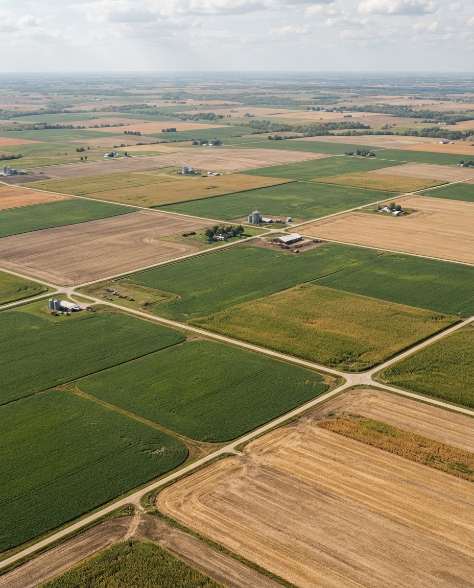 Expansive agricultural landscape from above, showing patterns of cultivation and open land.