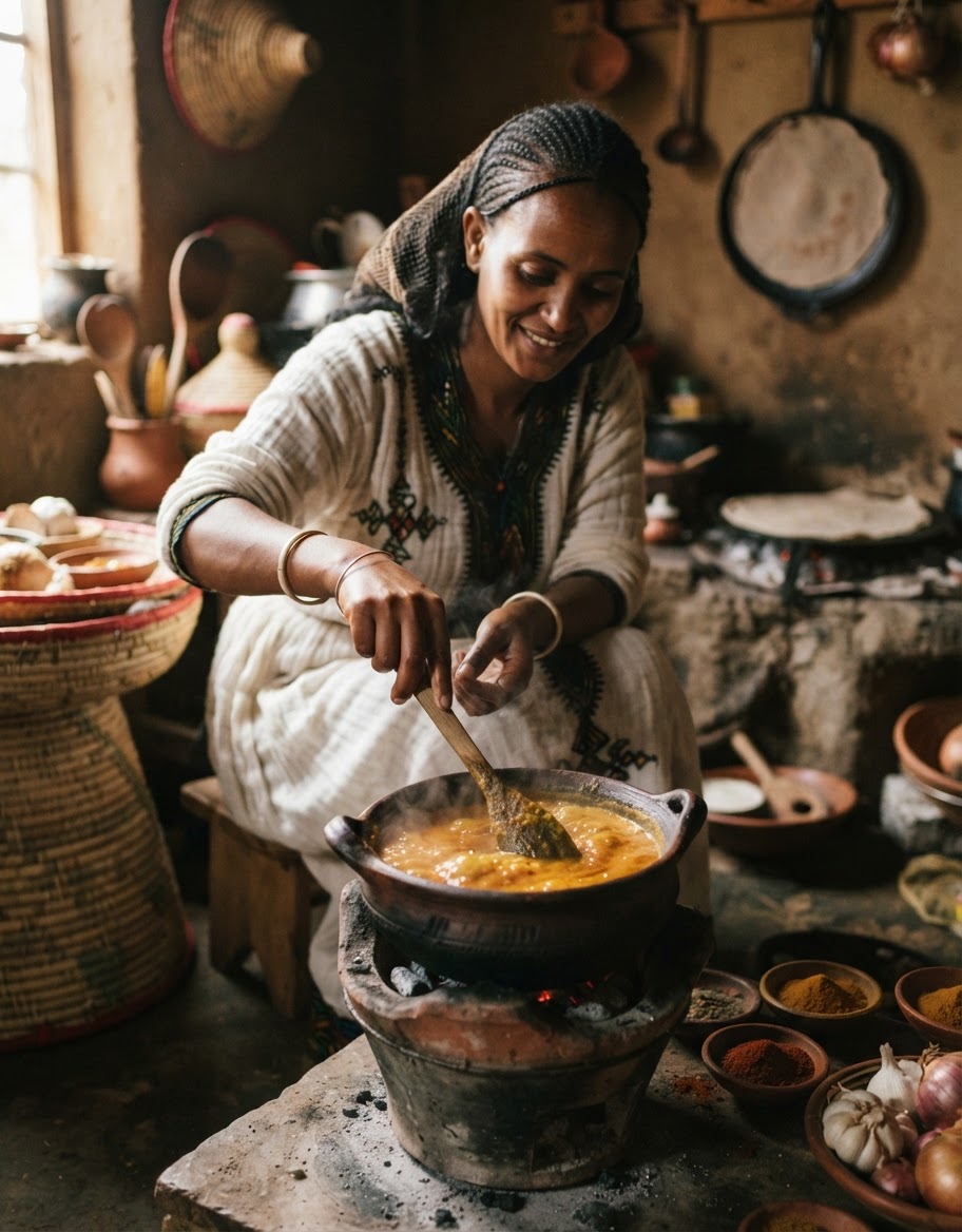 የኢትዮጵያ ሴት በሸክላ ድስት ሾሮ ስታዘጋጅ