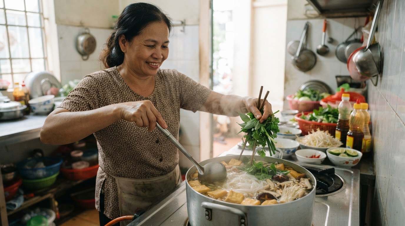 Một phụ nữ Việt Nam đang nấu món phở chay với đậu phụ và rau thơm