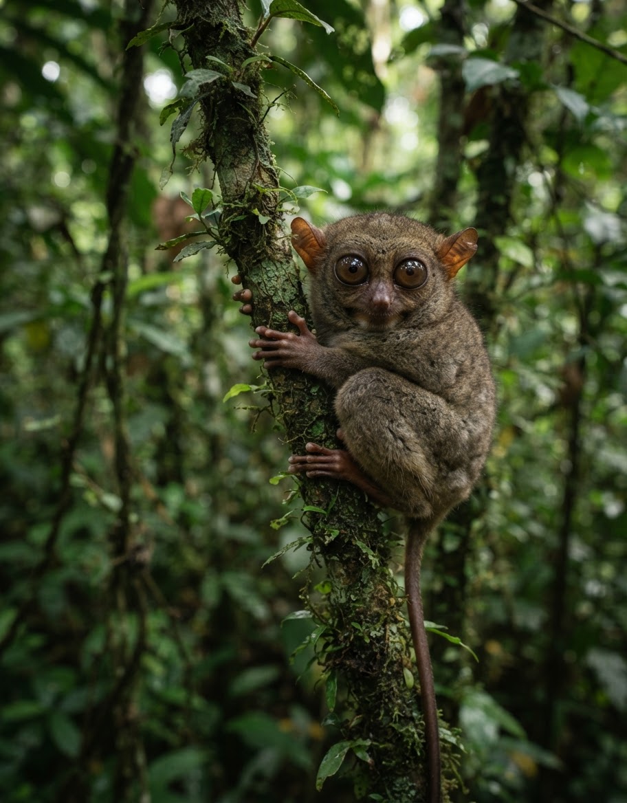 Isang Philippine tarsier na nakadapo sa sanga ng puno sa kagubatan.