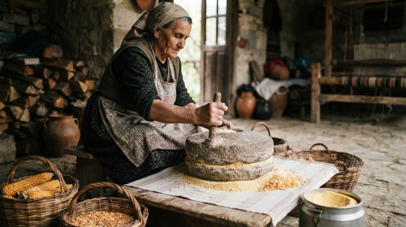 Përgatitja tradicionale e miellit të misrit në fshatrat shqiptare, një praktikë e lashtë që ruan vlerat ushqyese.