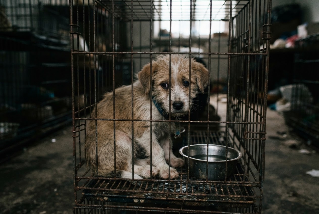 Seekor anak anjing yang tampak sedih di dalam kandang kecil.