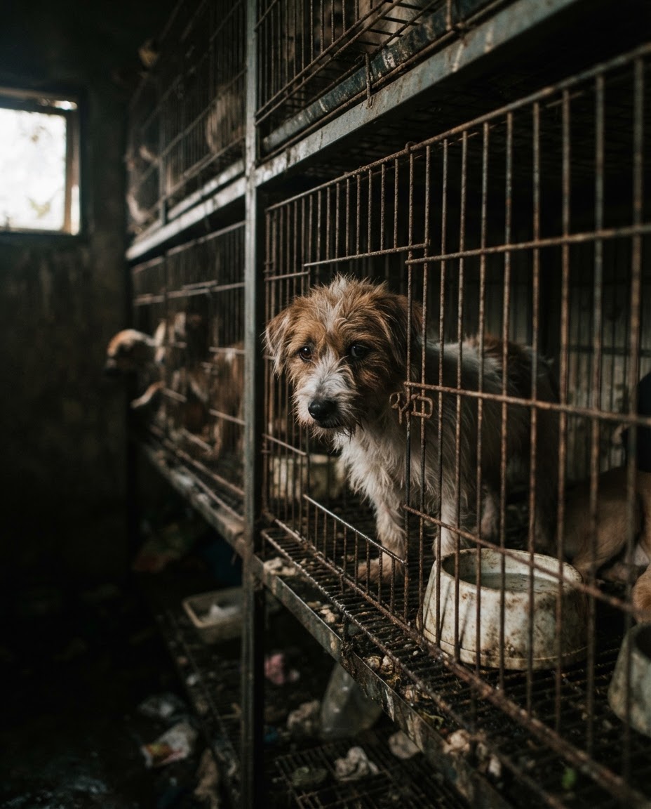 Hewan di puppy mill seringkali dikurung dalam kandang sempit dan kotor, jauh dari kondisi yang layak.