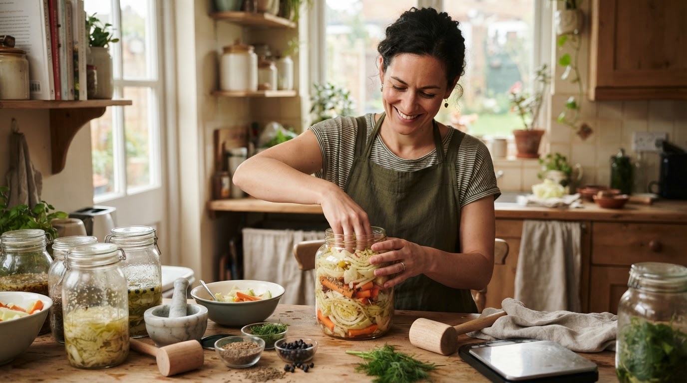 Mujer preparando vegetales fermentados en una cocina casera