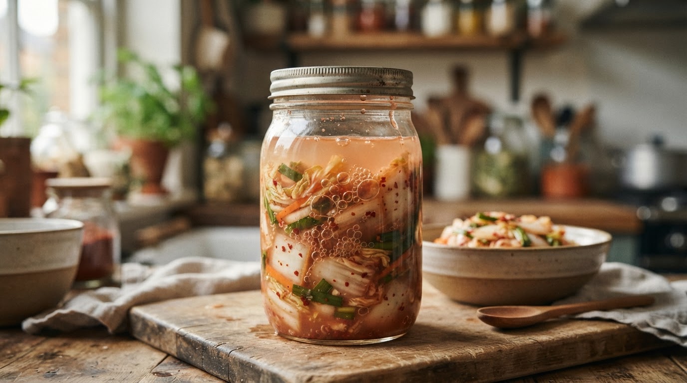Un frasco de kimchi en proceso de fermentación, mostrando las burbujas de gas.