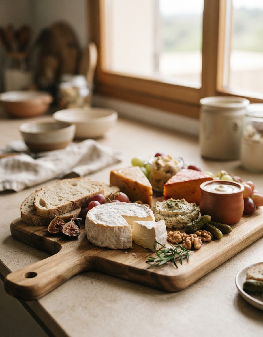 Tabla de quesos veganos fermentados, incluyendo uno a base de anacardos.