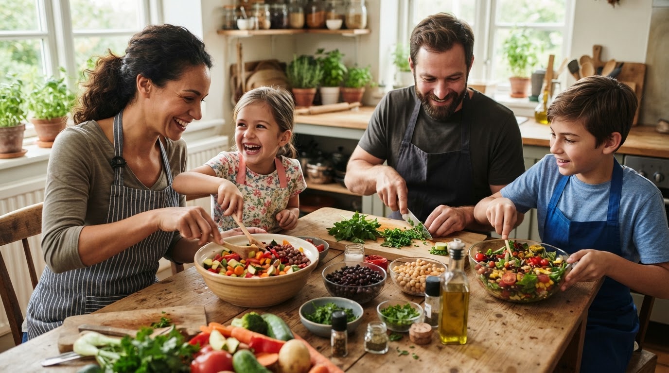 Família a preparar uma refeição colorida com vegetais e feijão numa mesa de madeira