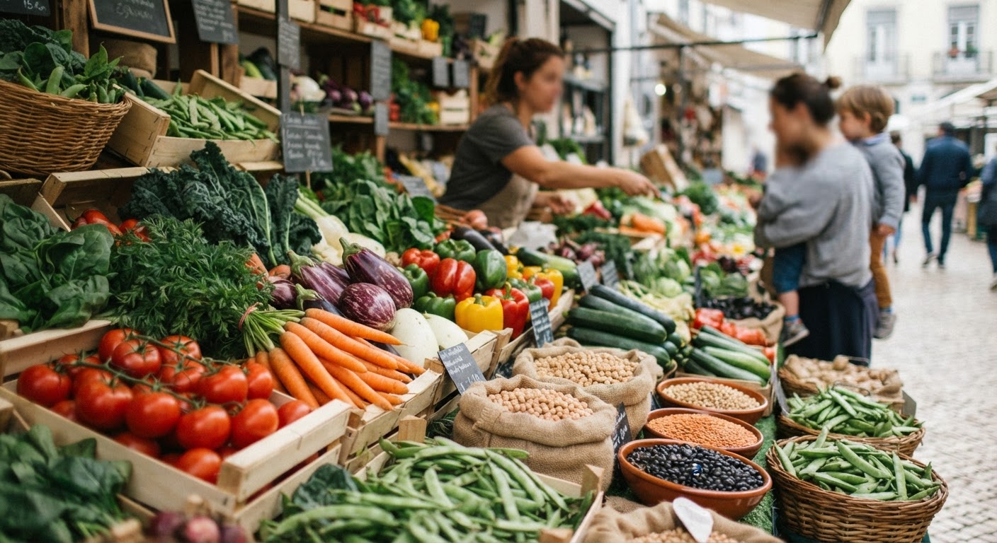 A diversidade de vegetais e leguminosas disponíveis nos mercados locais oferece uma base nutritiva para dietas vegetarianas.