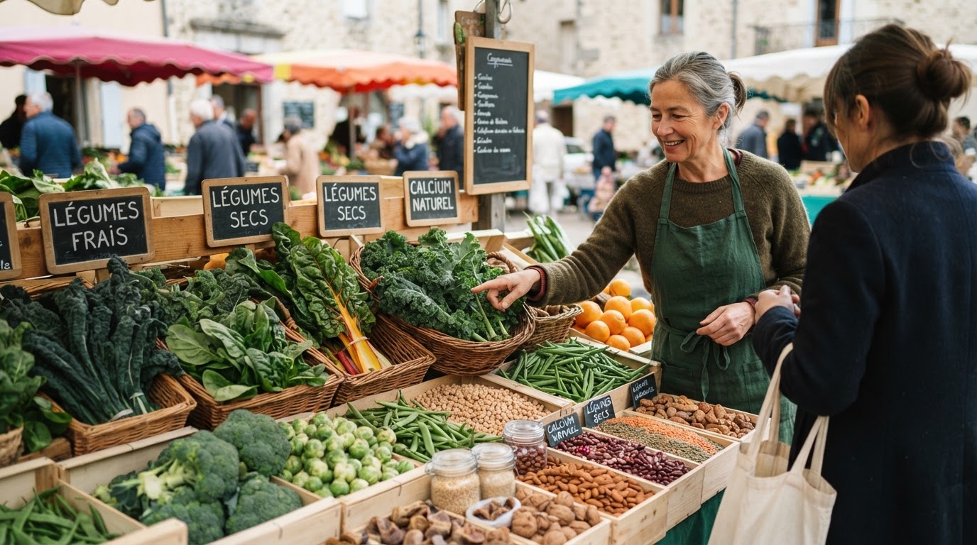 Un étal de marché proposant une variété de légumes et de légumineuses.