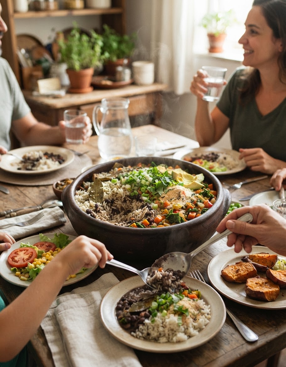 Arroz e feijão, um clássico adaptável, pode ser o centro de uma refeição familiar inclusiva.